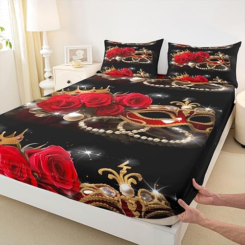Miniatura 4 de Juego de ropa de cama para parejas, diseño de rosa roja, corazón de amor, sábana bajera ajustable en forma de corazón, sábanas de perlas blancas en