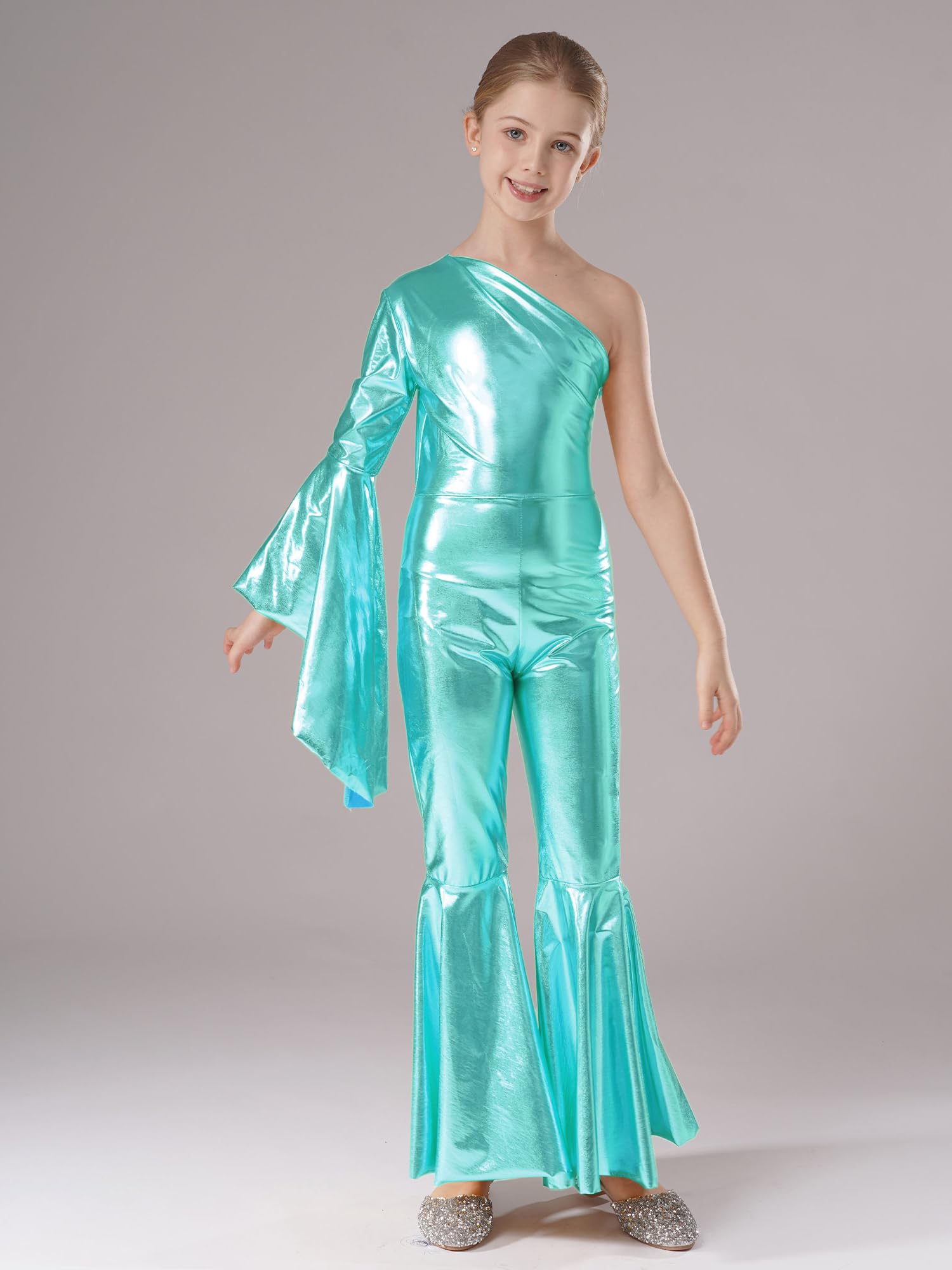Hedmy Mono Brillante Baile Niña Manga Larga de Campana Mono Largo de Gimnasia Rítmica Metalizada Disfraz Abba-Disco Animadora Rendimiento 5-16 Años