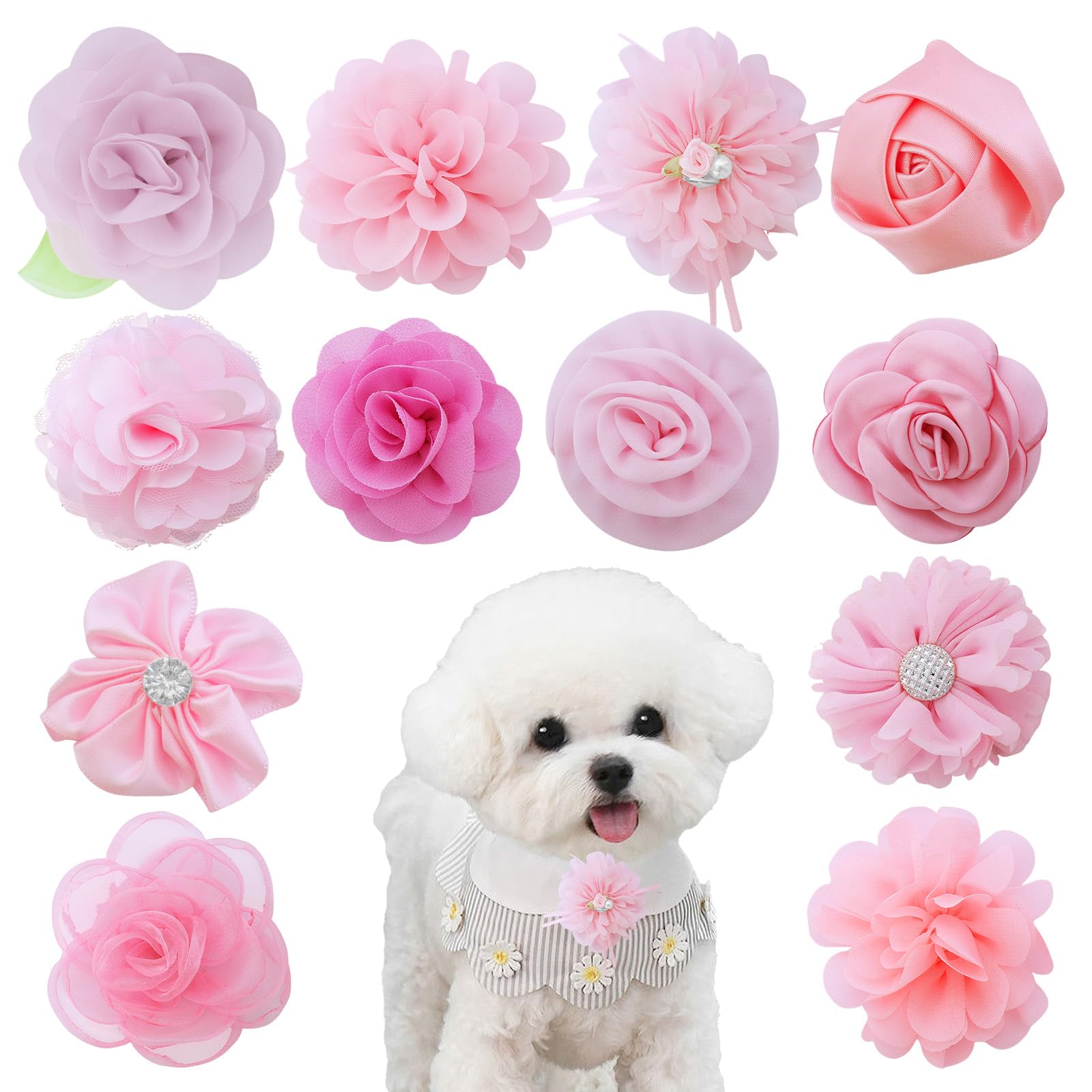 12 Pcs Pink Dog Collar Flowers Cat Collar Flower Attachment Detachable Embellishment with Elastic Rubber Band Soft Chiffon Dog Bow Tie Charms Flower for Female Dogs Wedding Birthday Parties