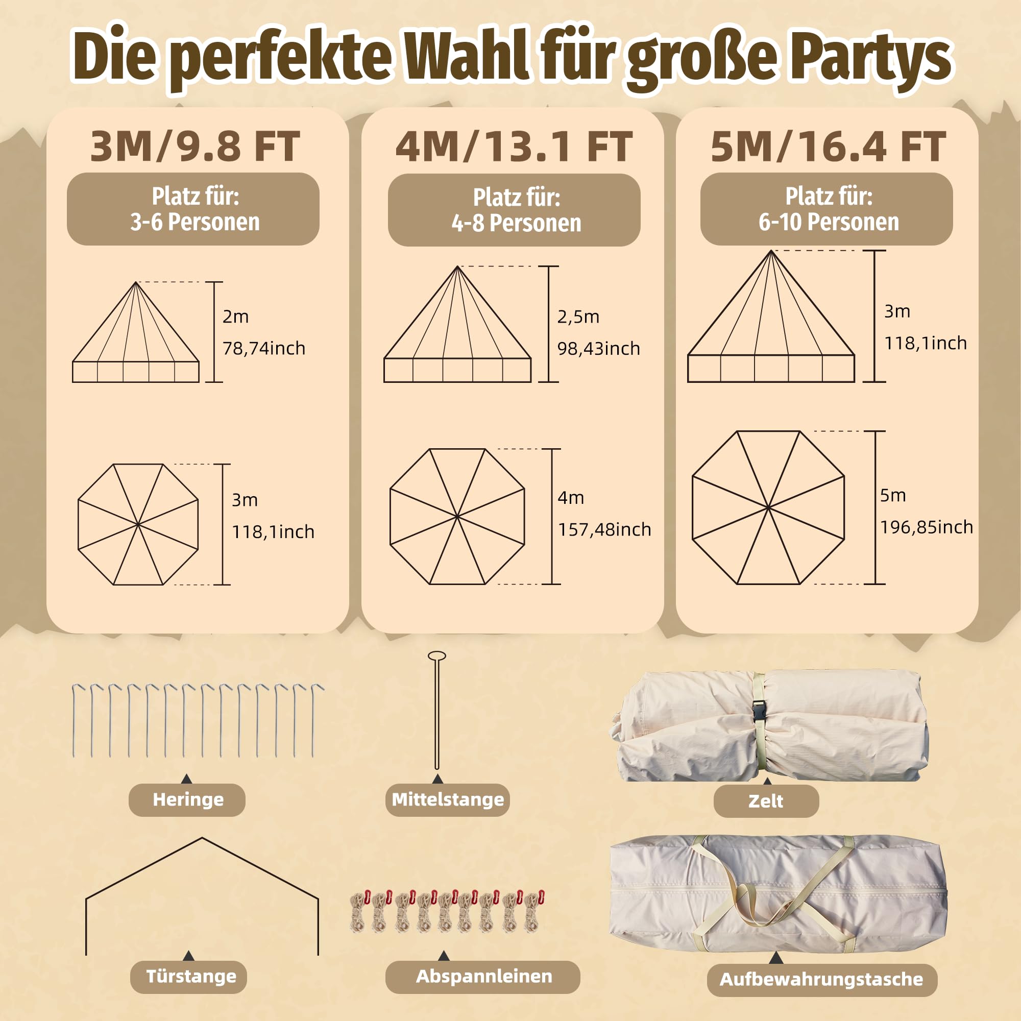 3 m / 4 m / 5 m Glockenzelt,4-Jahreszeiten Glamping Jurte für Camping, mit Ofendurchführung, Aufbewahrungstaschen, Dachfenster, Dachlüftungen, Netzfenstern