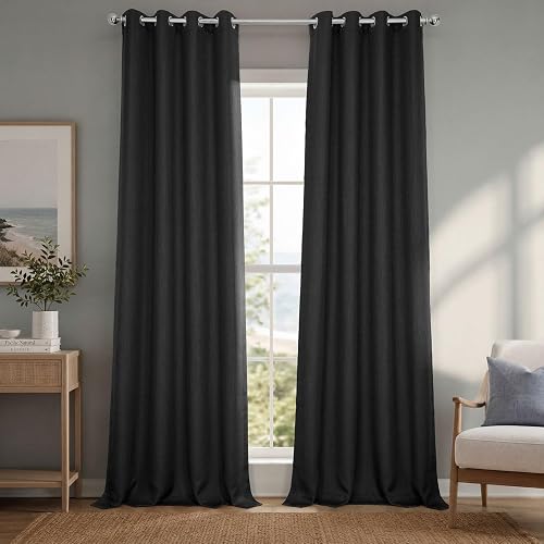 Grommet Faux Linen Curtains for Bedroom (1Panel) 50W X 108L,Essential Black