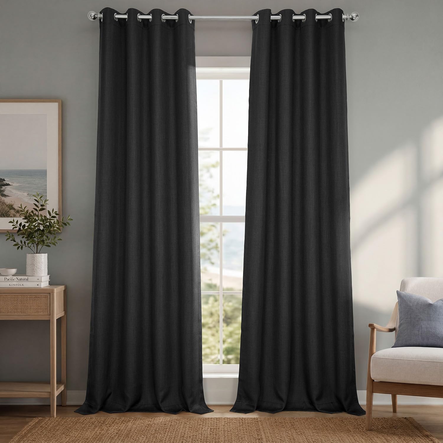 Grommet Faux Linen Curtains for Bedroom (1Panel) 50W X 84L, Essential Black