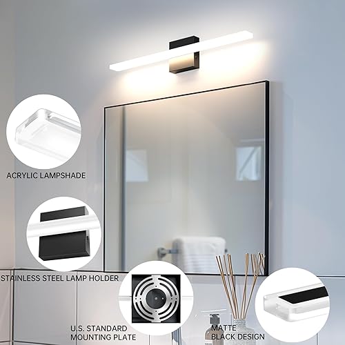 Miniatura 4 de Aourow Lámpara LED de tocador de baño de 23.6 pulgadas, aplique de pared regulable con 5CCT 2700K6500K, accesorio de iluminación brillante de 2000LM