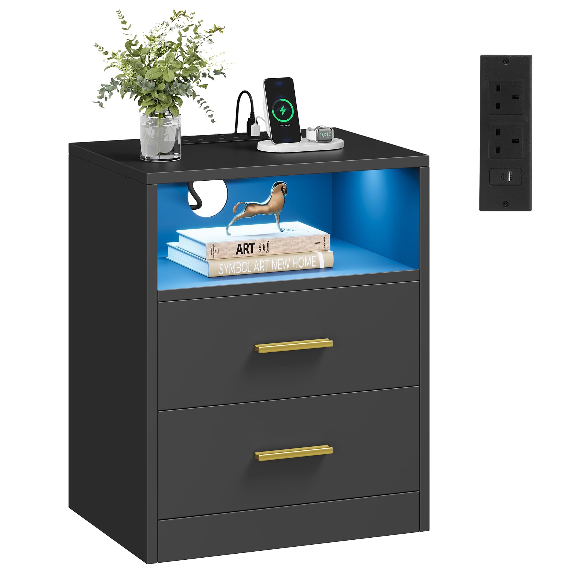VASAGLE Bedside Table with Charging Station, LED Lights