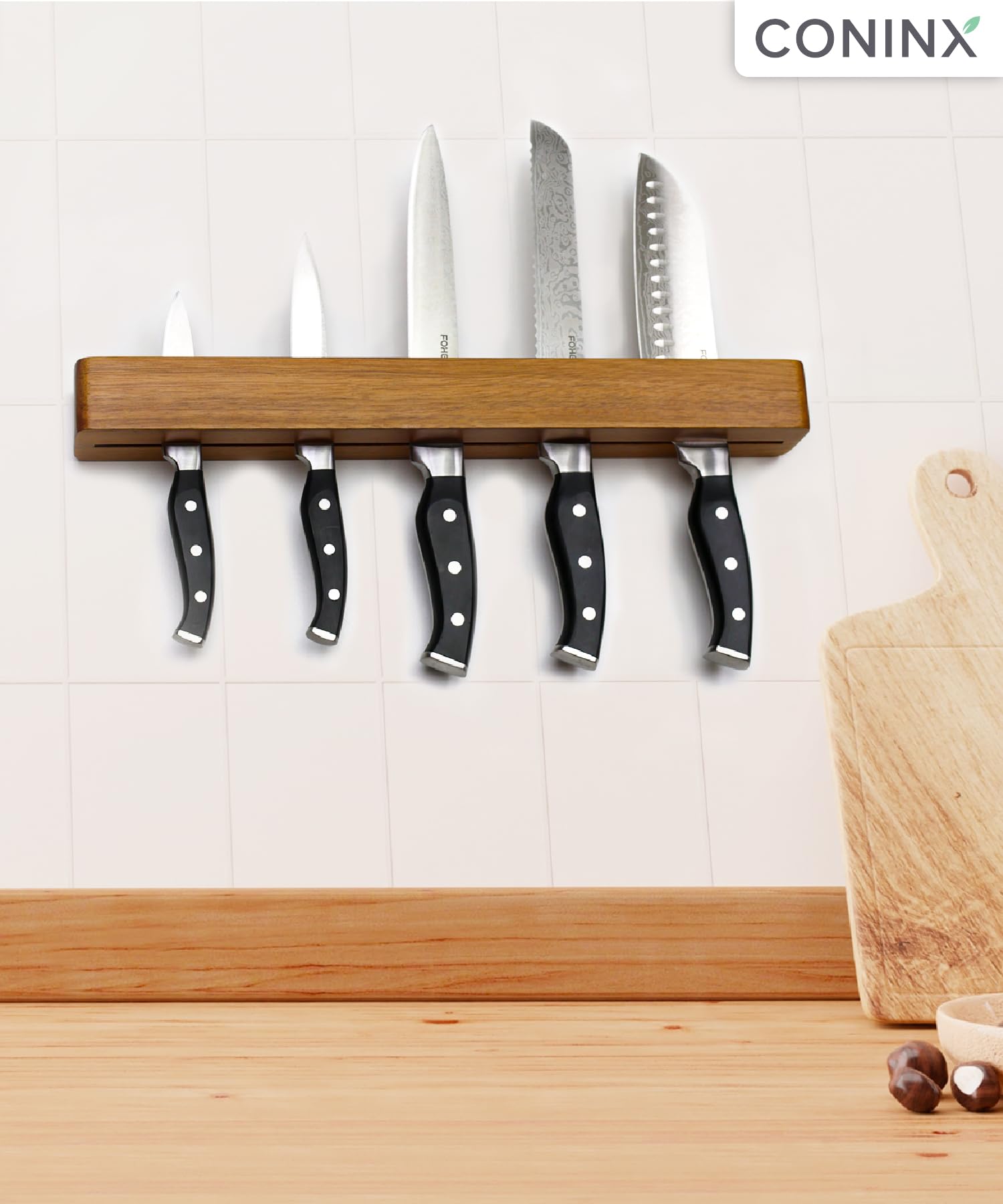 Coninx Barra magnética de pared doble imán de madera de acacia - 40 cm portacuchillos con tornillos y tacos - Carril imán potente para utensilios de cocina elegante y ahorro de espacio