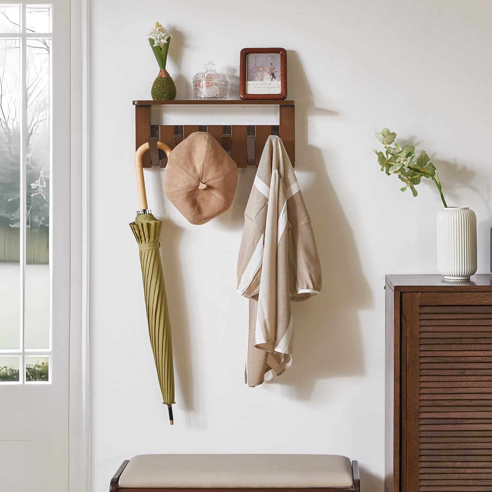 Wandkapstok met plank, wandplank met 10 afneembare haken, hangende plank, wandmontage, 2