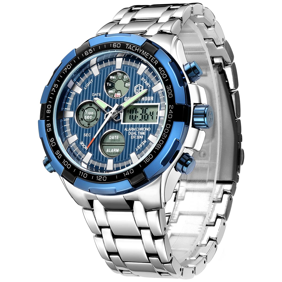 GOLDEN HOURLuxury Stainless Steel Analog Digital Watches for Men Male Outdoor Sport Waterproof Big Heavy Wristwatch