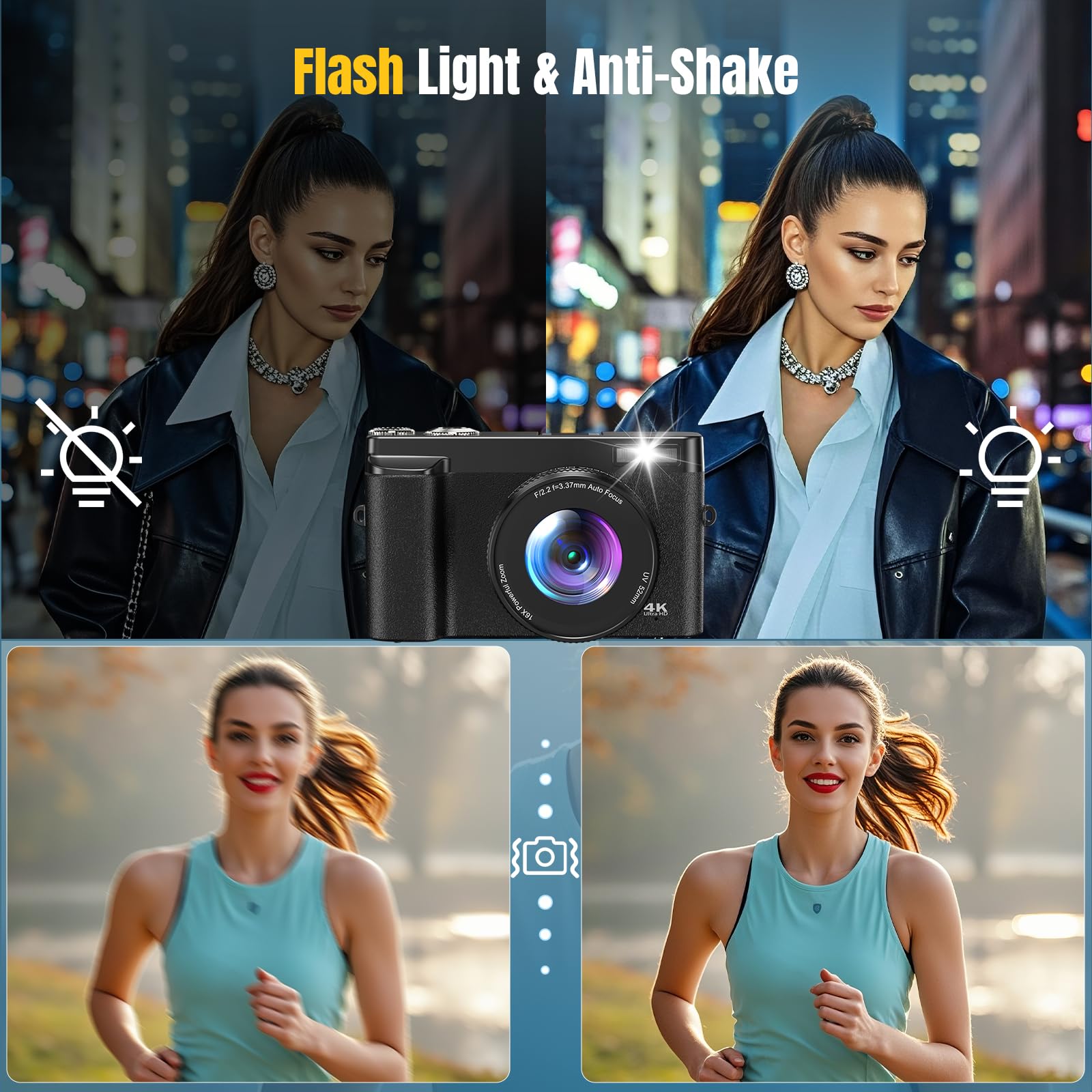 Macchina Fotografica 4K 48MP Autofocus Fotocamera Digitale con Zoom 16X, Schermo Flip 180° Fotocamera Compatta con scheda di Memoria da 32G, Stazione di Ricarica, 2 Batterie per Principianti（Nero）