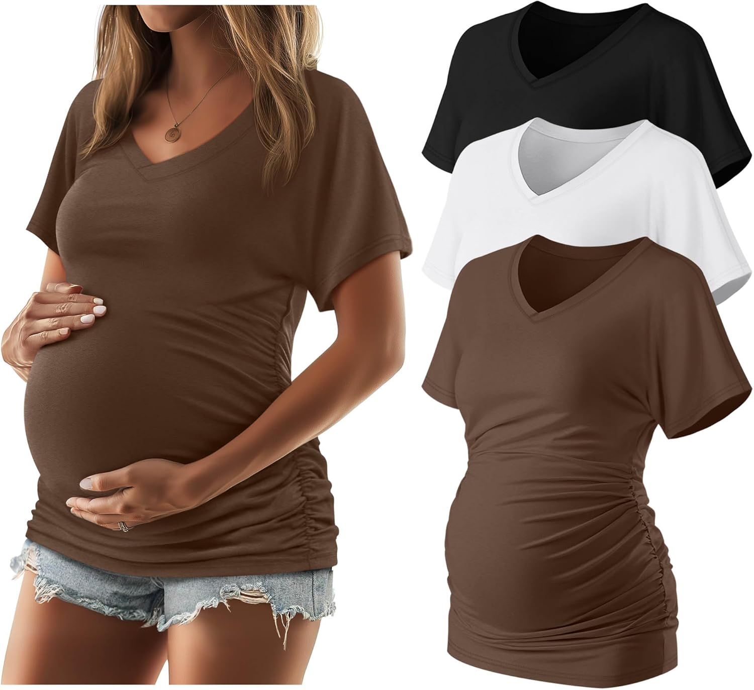 Ficerd 3 Packs Womens Maternity Shirts V Neck Dolman Short Sleeve Loose Side Ruched Tunic Tops Pregnancy Clothes