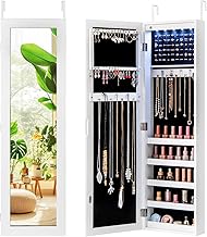 Giantex Wall or Door Mounted Jewelry Cabinet with Full Length Mirror, Over The Door Jewelry Armoire Organizer with Lights, Large Storage with Necklace Hooks, Earring Slots & Shelves (White)