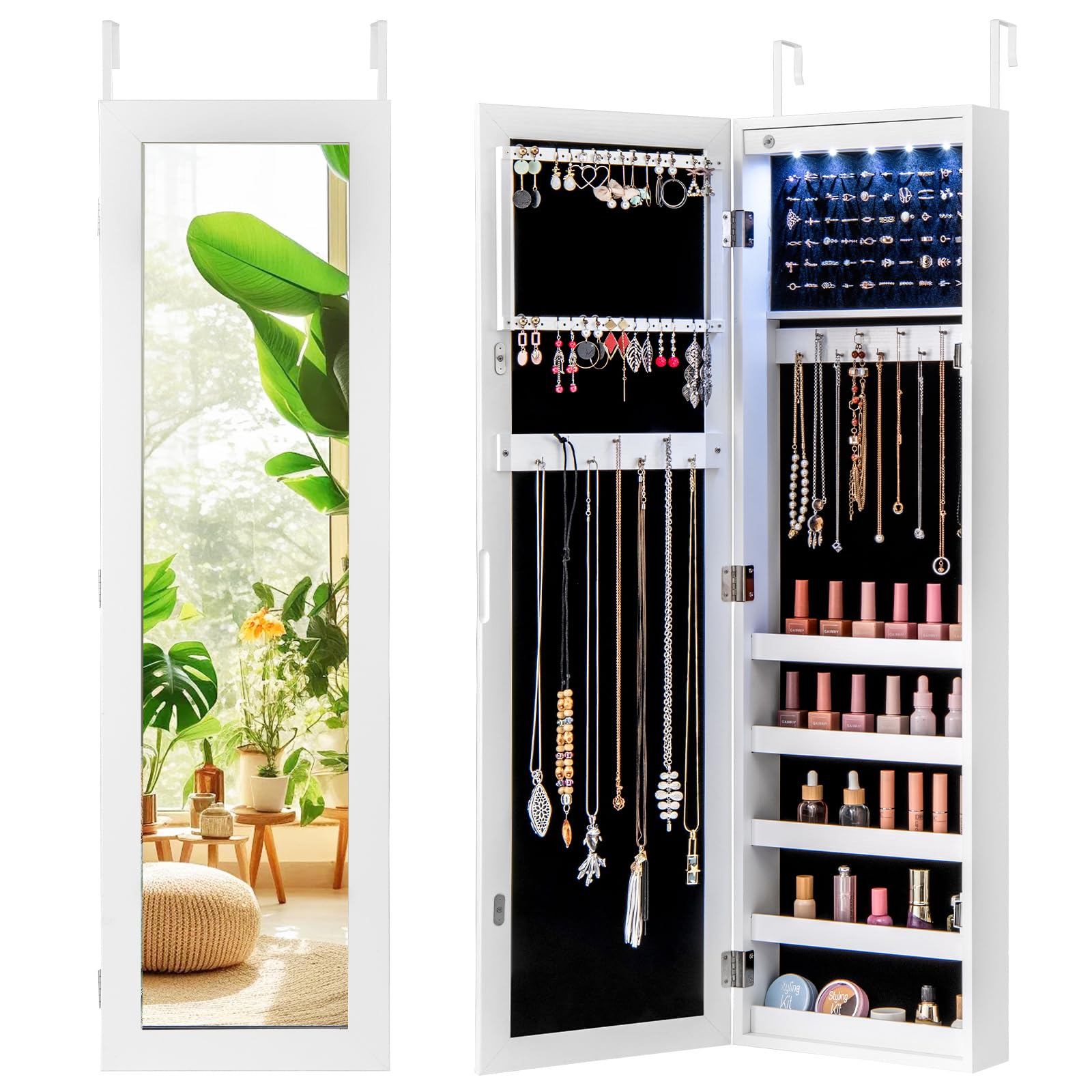 Armoire à Bijoux Murale Avec Miroir Et 5 LED - Blanche, Verrouillable, Grand Rangement