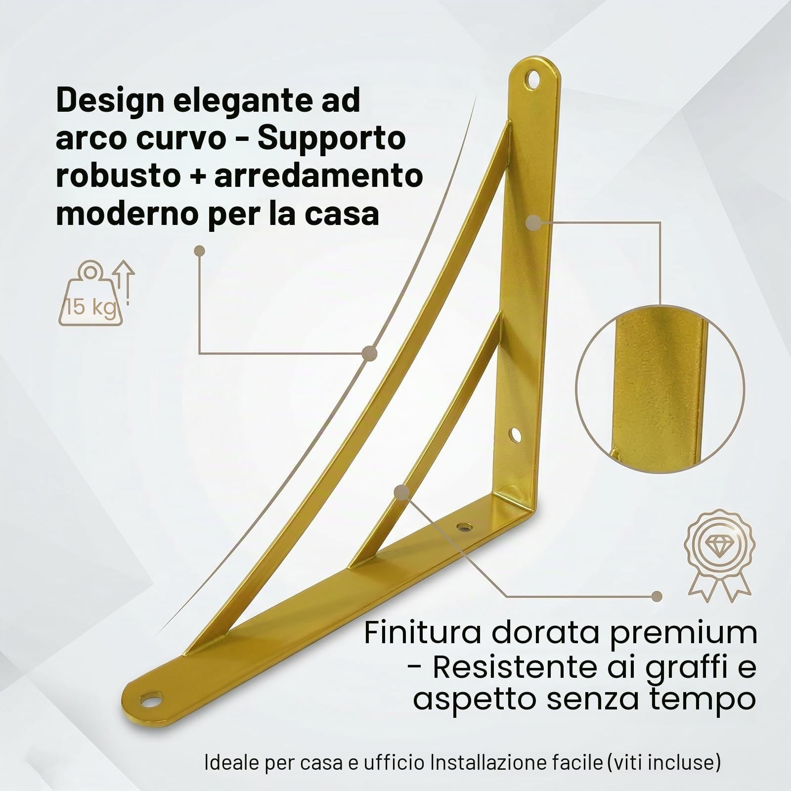 Z METNAL Staffe per mensole dorate, 200 mm, versatili ad angolo retto da parete, per ponteggi, decorazione da parete moderna in ottone, per scaffalature fai da te, 4 pezzi
