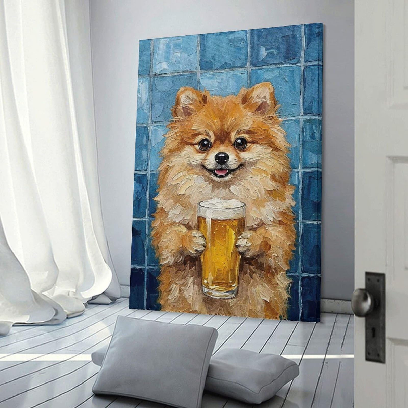Junmoney Canvas Wall Art Pomeranian Dog with Beer Painting, 24x36inch(60x90cm), for Living Room, Bedroom, Office Or Hallway, Decorative Artwork with Broad Appeal