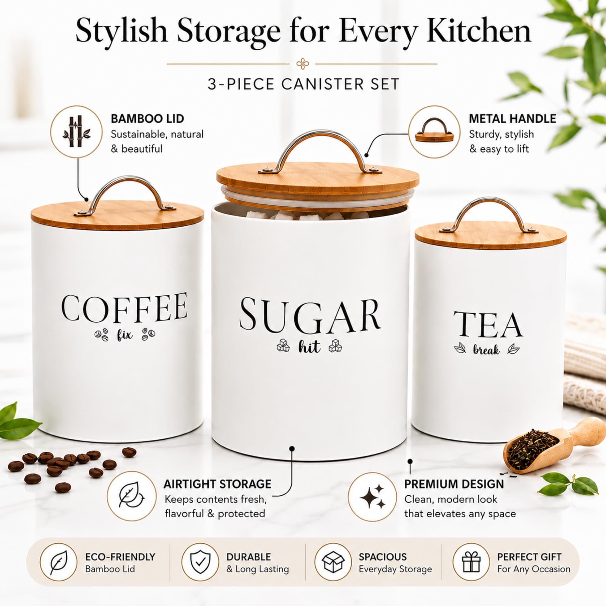 Set di 3 barattoli per tè, caffè e zucchero, per bancone della cucina, chiusura ermetica | Bianco sporco. Coperchio in bambù. Vernice a polvere metallica. Per uso alimentare. Ottima idea regalo