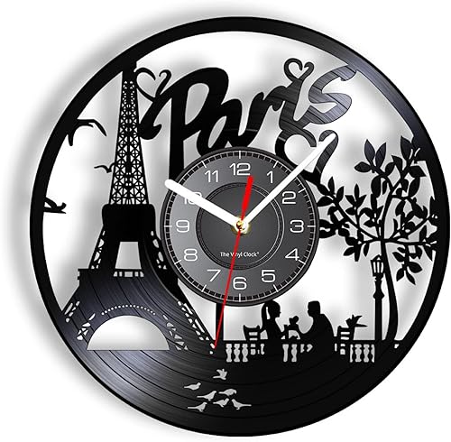 Reloj de pared de 12 pulgadas, diseño de torre Eiffel de París, diseño de paisaje de Francia, disco de vinilo, reloj de pared para decoración de