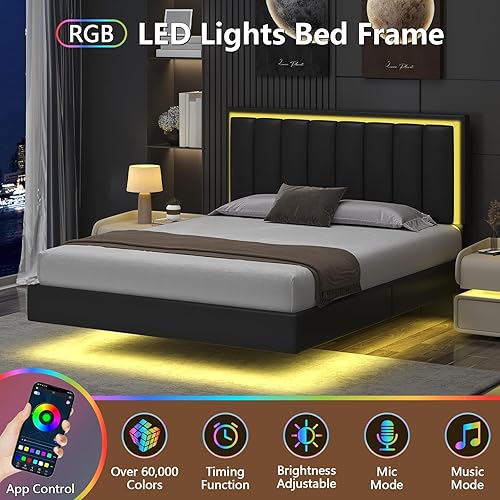 Miniatura 3 de Marco de cama flotante tamaño Queen, marco de cama tapizado tamaño Queen con cabecero, luces LED RGB, soporte de listones de madera maciza, no