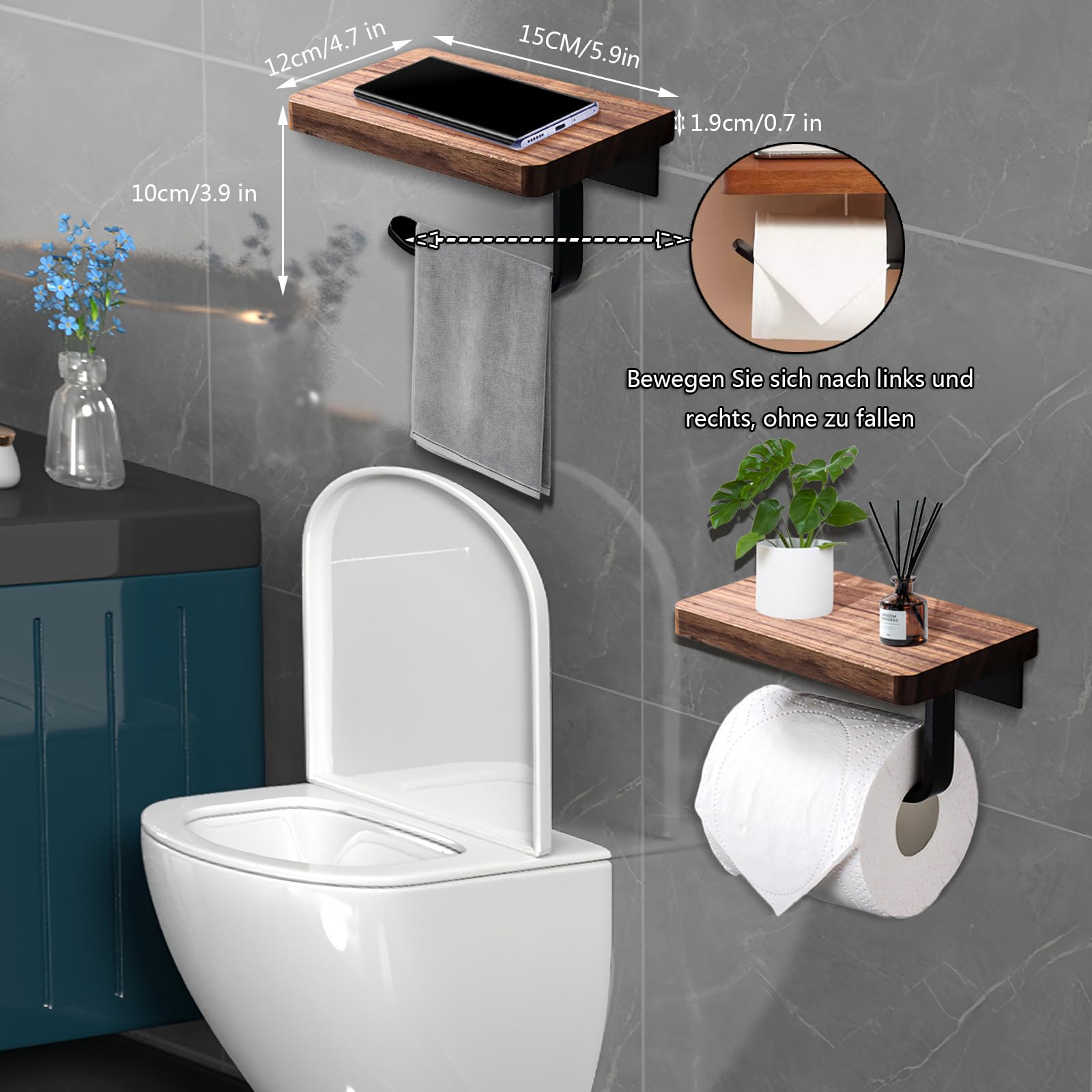 Toiletpapierhouder met plank, toiletpapierhouder van hout van staal en