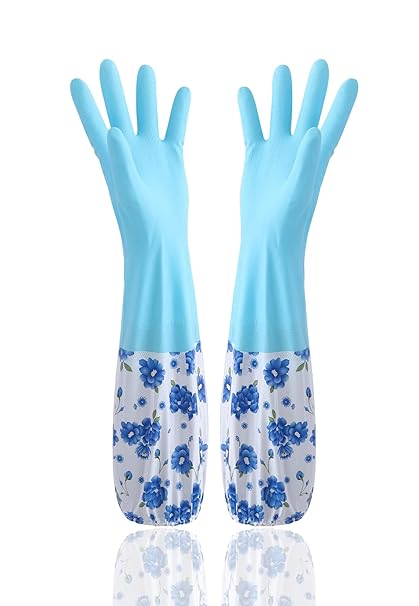 MobFest Reusable PVC Cleaning Gloves with Inner Fleece Lining for Winters/Warm Use, Water Resistant, Kitchen Dishwashing Laundry Multipurpose Household Use, Elbow Length, 1 Pair (Blue)
