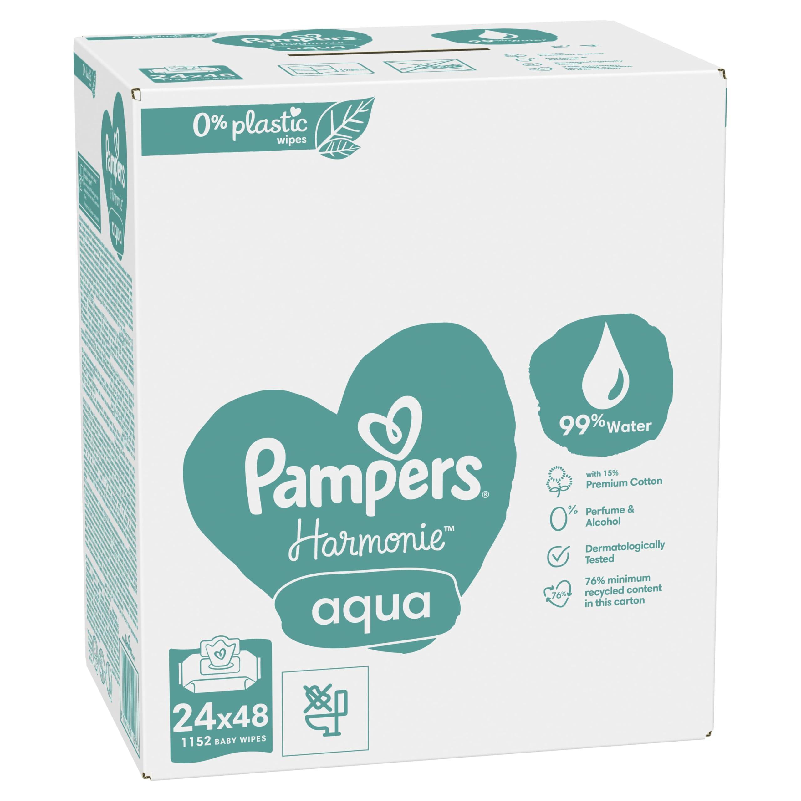 Pampers Toallitas húmedas para bebé, Harmony, Aqua, 1152 toallitas (24 x 48), protección suave para la piel delicada con un 99% de agua