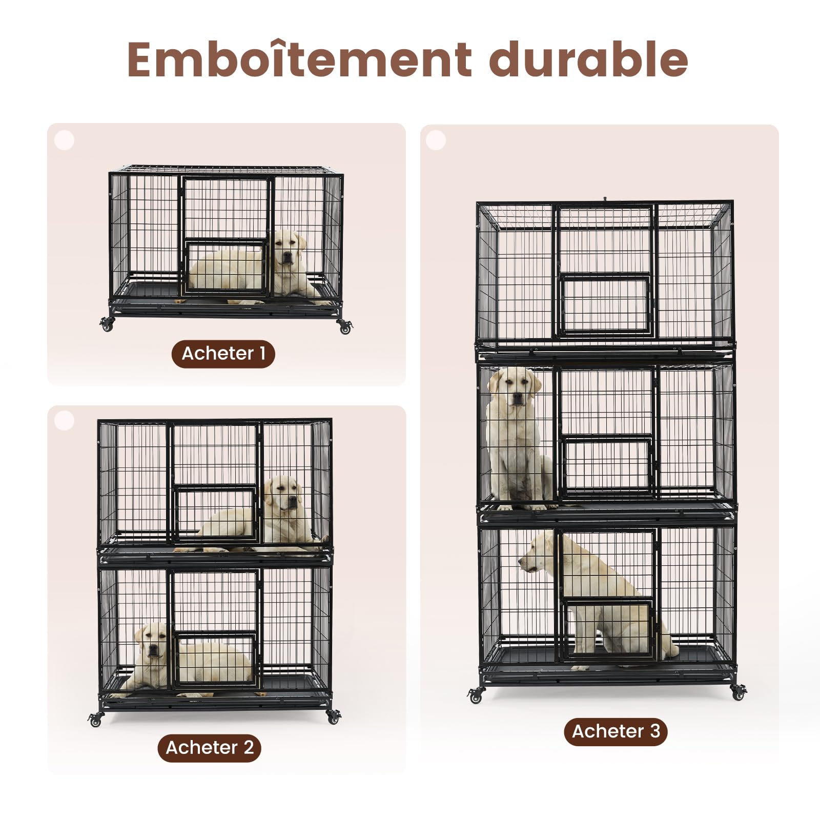 Gardner Pet Cage pour Chien Lourd Taille XL 111x75.5x75cm Anti-Évasion avec Plateau 3 Portes Amovibles Roulettes Verrouillables Noir