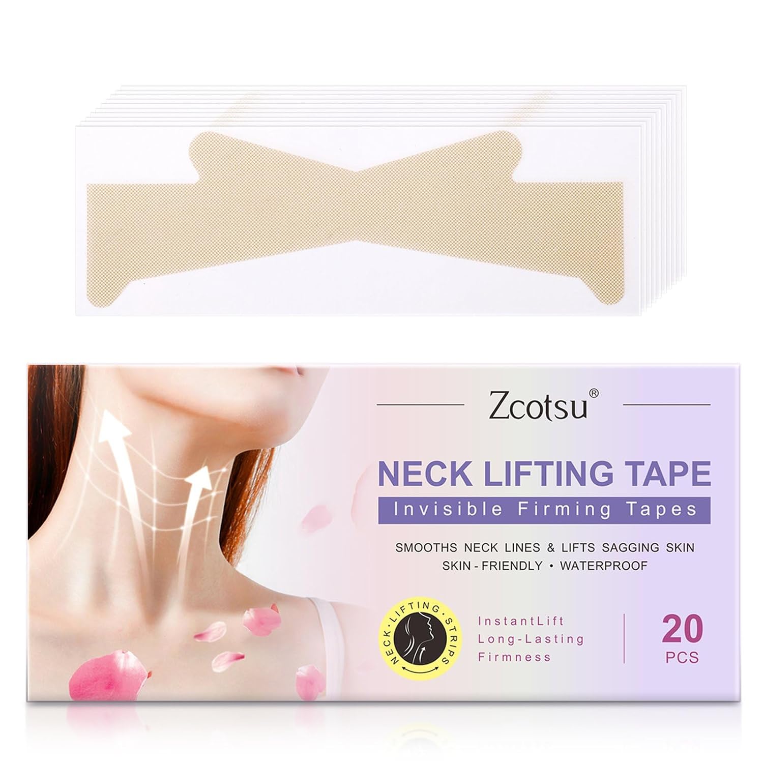 Zcotsu Invisible Neck Tape - 20Pcs Reusable & Breathable Strips to Instantly Lift Saggy Skin, Hide Double Chin & Smooth Neck Lines