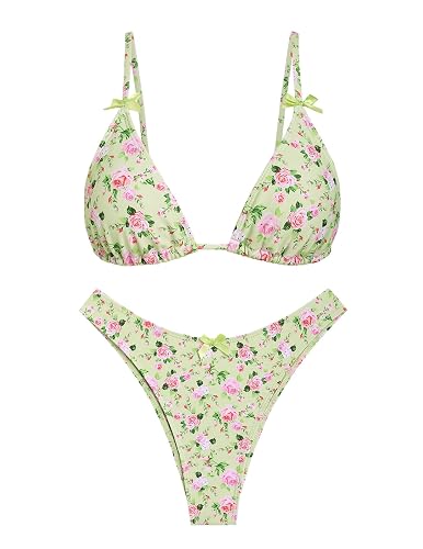 seamoly Women's Bikini Sets Tie Back Bowknot Two Piece Swimsuits Triangle Thong Bathing Suit Gingham Floral Cherry Printing - Green Floral - X-Small