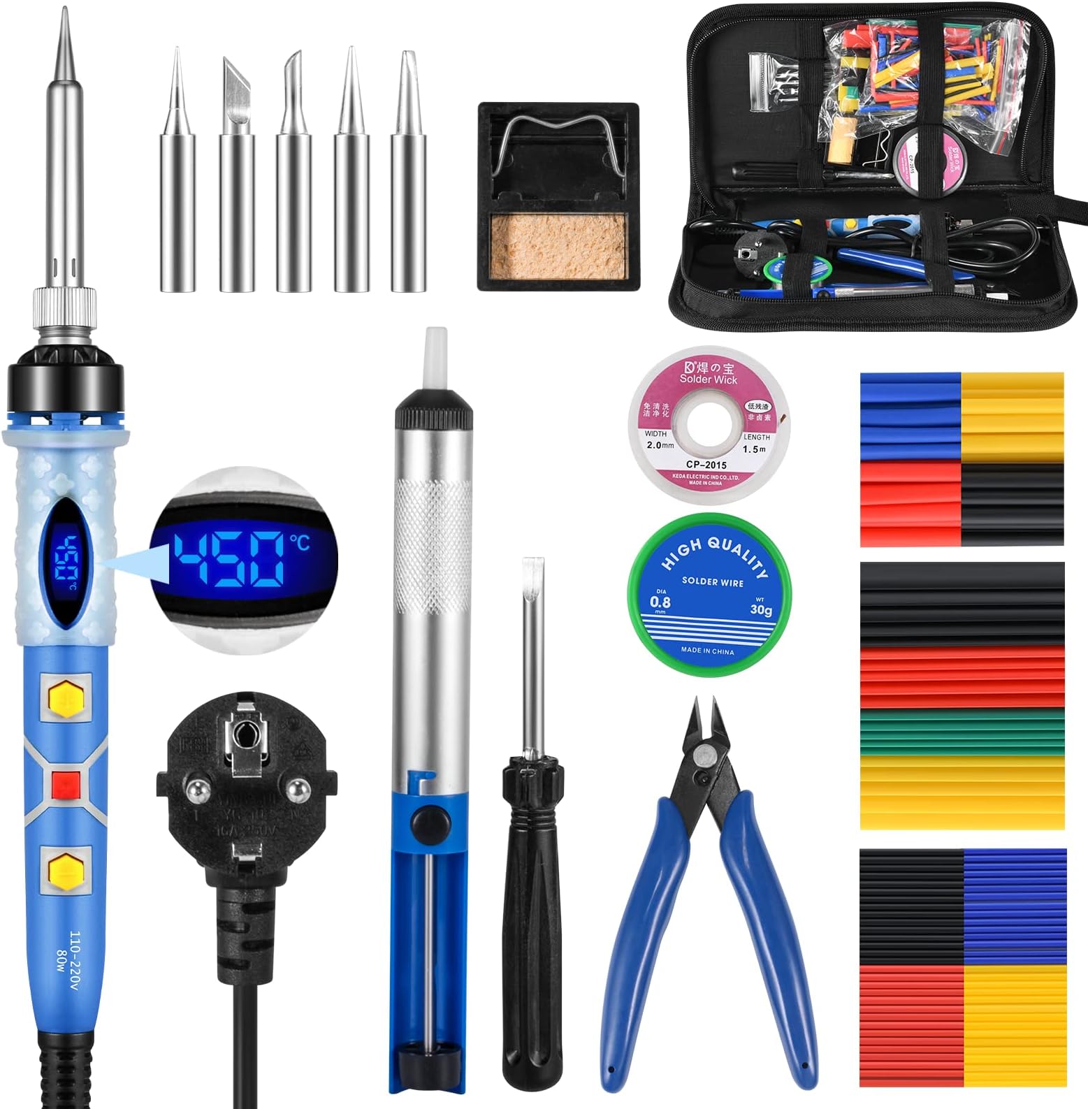Soldering Iron Kit, 80W Digital LCD Solder Gun with Adjustable Temp 200-450°C and ON/Off Switch, 5 Soldering Tips, Desoldering Pump for Electronics