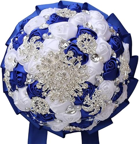 Miniatura 1 de Ramo de novia de boda real hecho a mano, ramos de flores artificiales con cinta de satén, perlas de diamantes de imitación para novia, ramo de boda