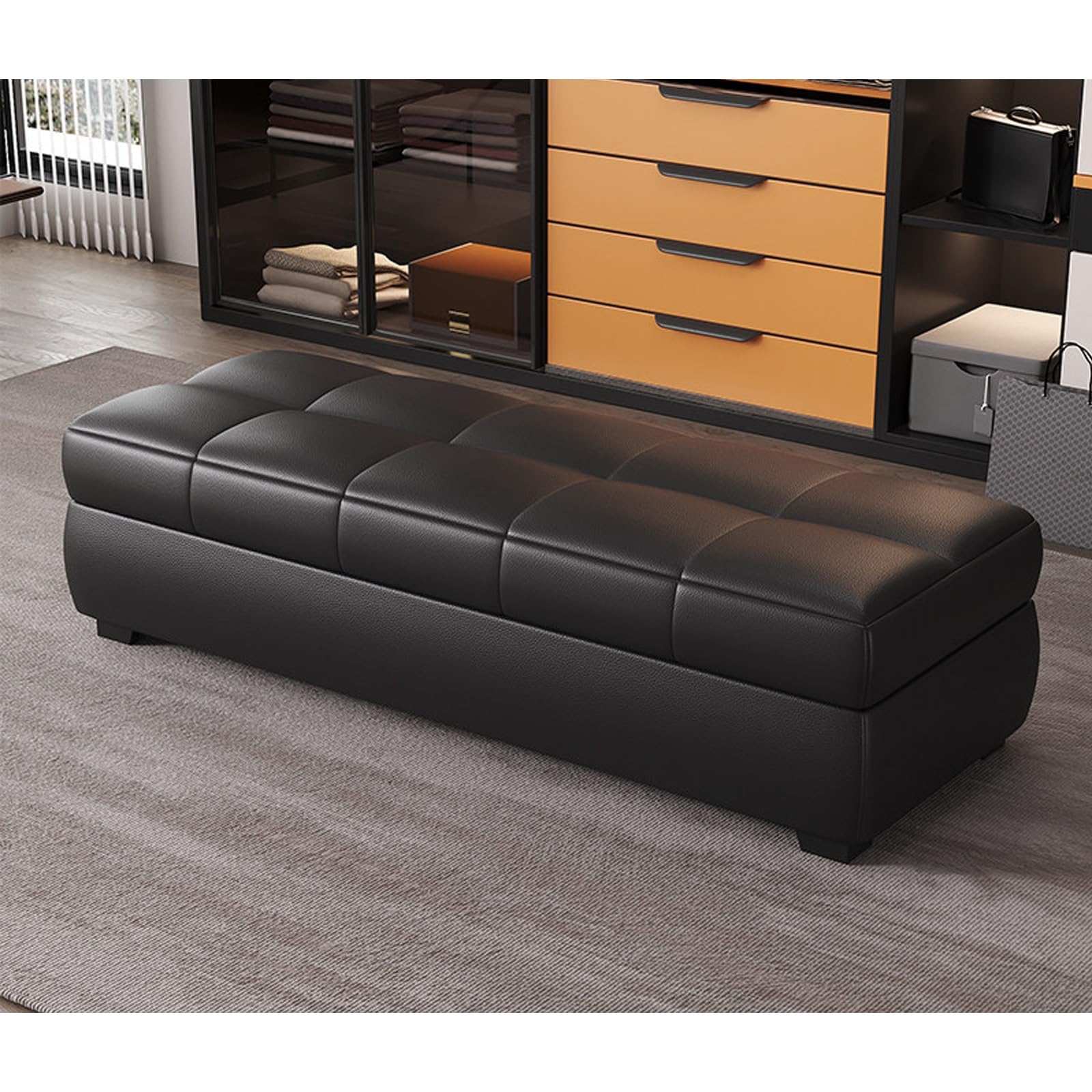Banc de lit long capitonné avec coffre de rangement pour entrée et couloir