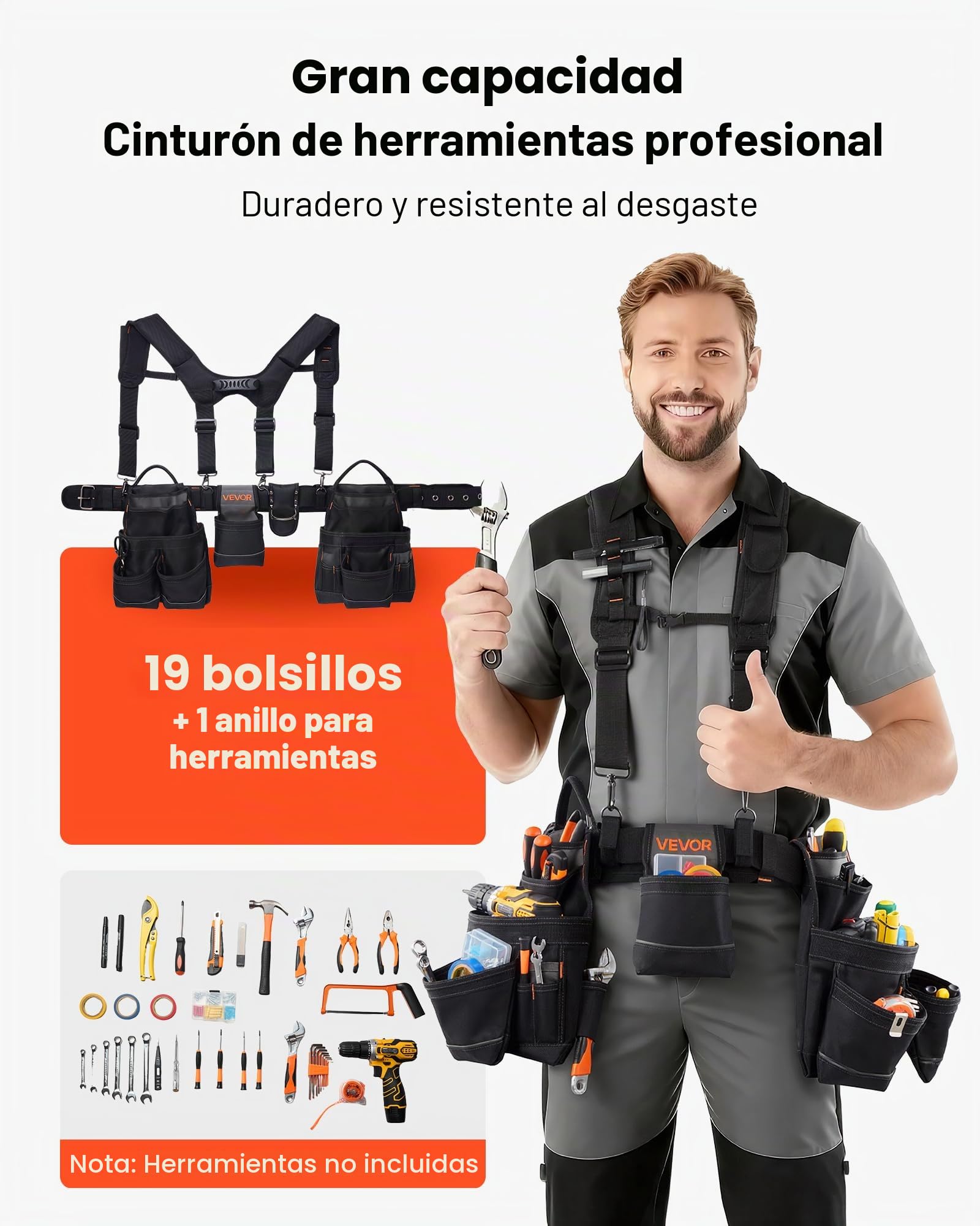 VEVOR Cinturón Portaherramientas para Profesionales, con 19 Bolsillos y Tirantes, para Electricistas, Carpinteros y Trabajadores de la Construcción, Ajustable de 800 a 1310 mm, Poliéster 600D