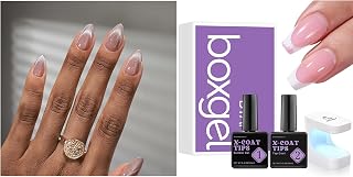 BTArtboxnails XCOATTIPS Short Almond French Tip Cat Eye Press On Nails with Builder Gel Top Coat and Mini Nail Lamp Set