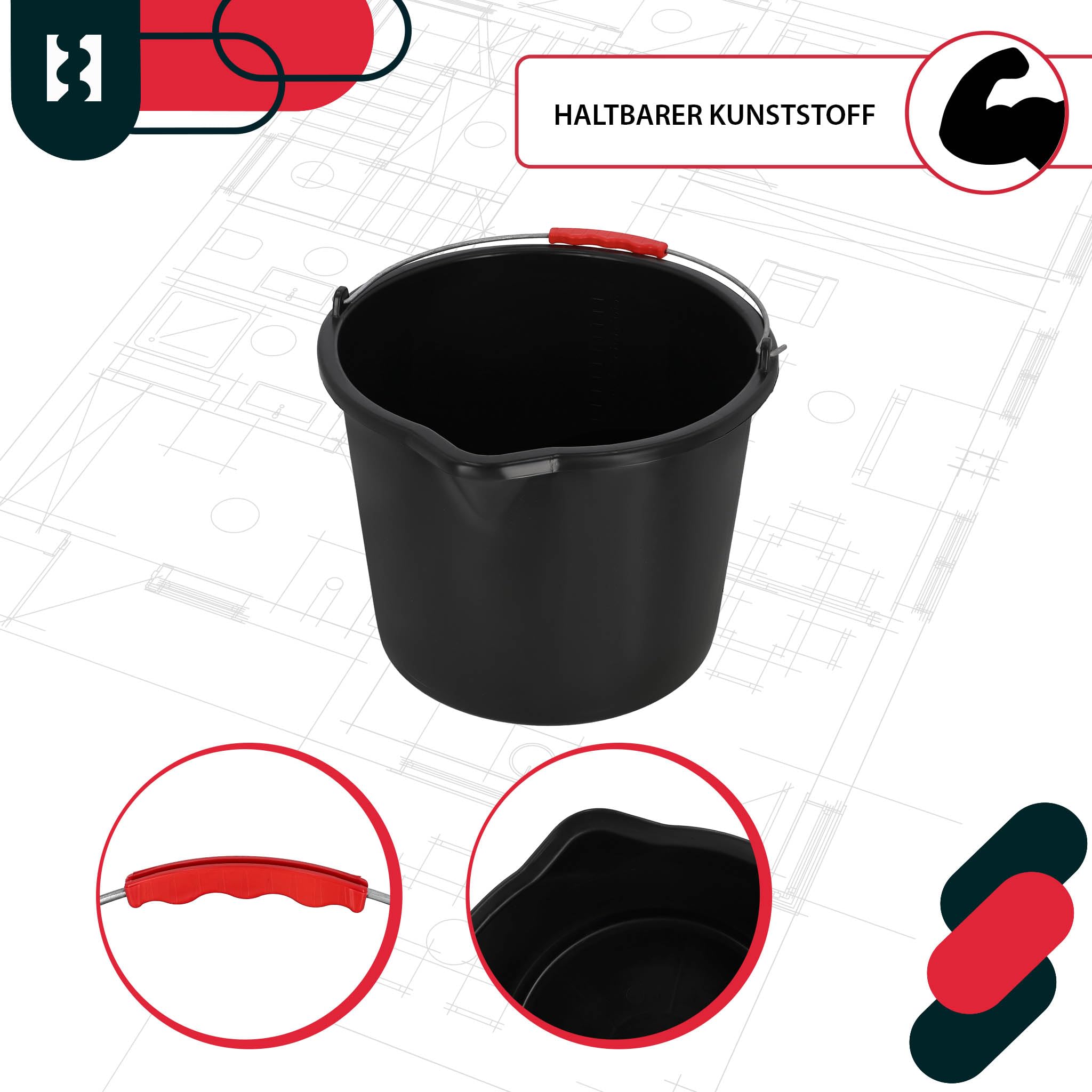 KOTARBAU® Seau de Maçon, Seau de Construction 16 L, Plastique | Lot de 3, Seau de Chantier, Seau à Mortier, Noir, avec Bec Verseur et Anse, Rond