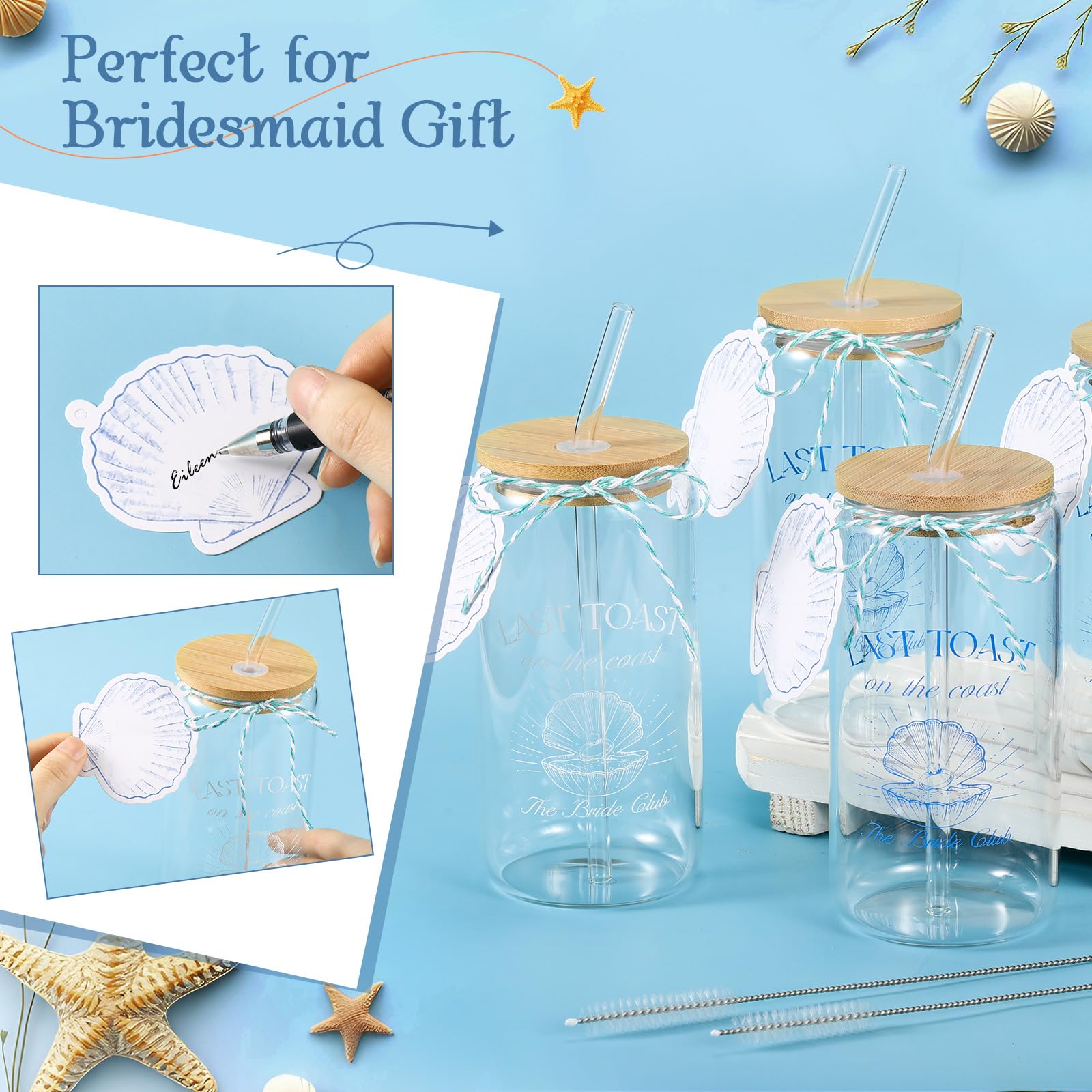 Baderke 8 Pcs Last Toast on the Coasts Bachelorette Party Glasses Cups with Bamboo Lids and Glass Straw Coastal Bachelorette Weekend Favors for Bride Bridesmaid Gifts