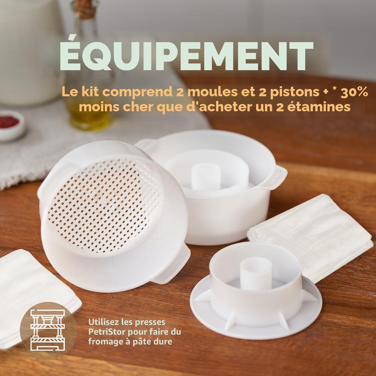 Kit de fabrication de fromage - Moule à fromage avec piston suiveur - Étamine - Panier de fabrication - Chiffon en coton