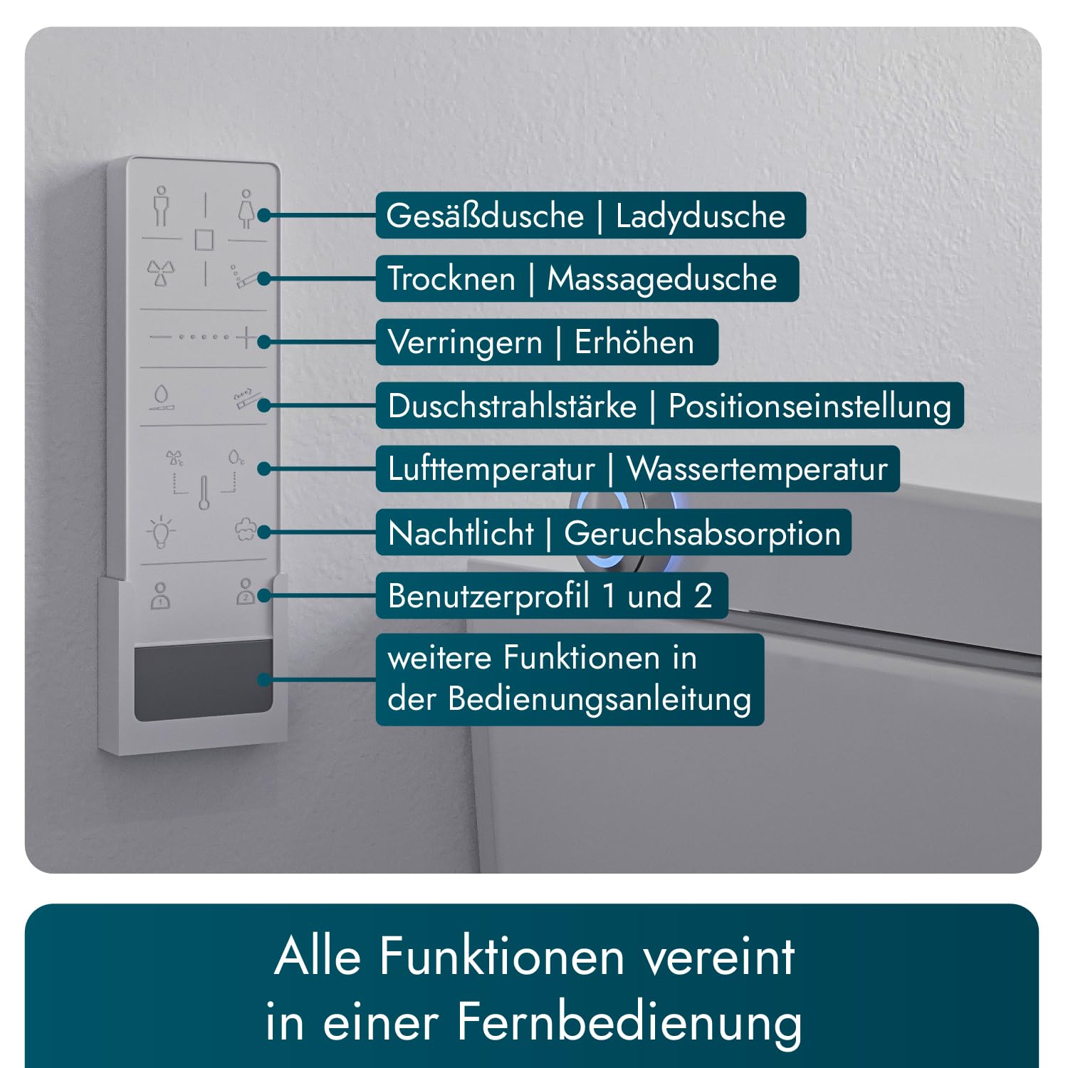 Bernstein Dusch-WC Premium 1102 Weiß - Smarte Technologie für Körperpflege und Hygiene, Fernbedienung, Sitzheizung, LED-Nachtlicht