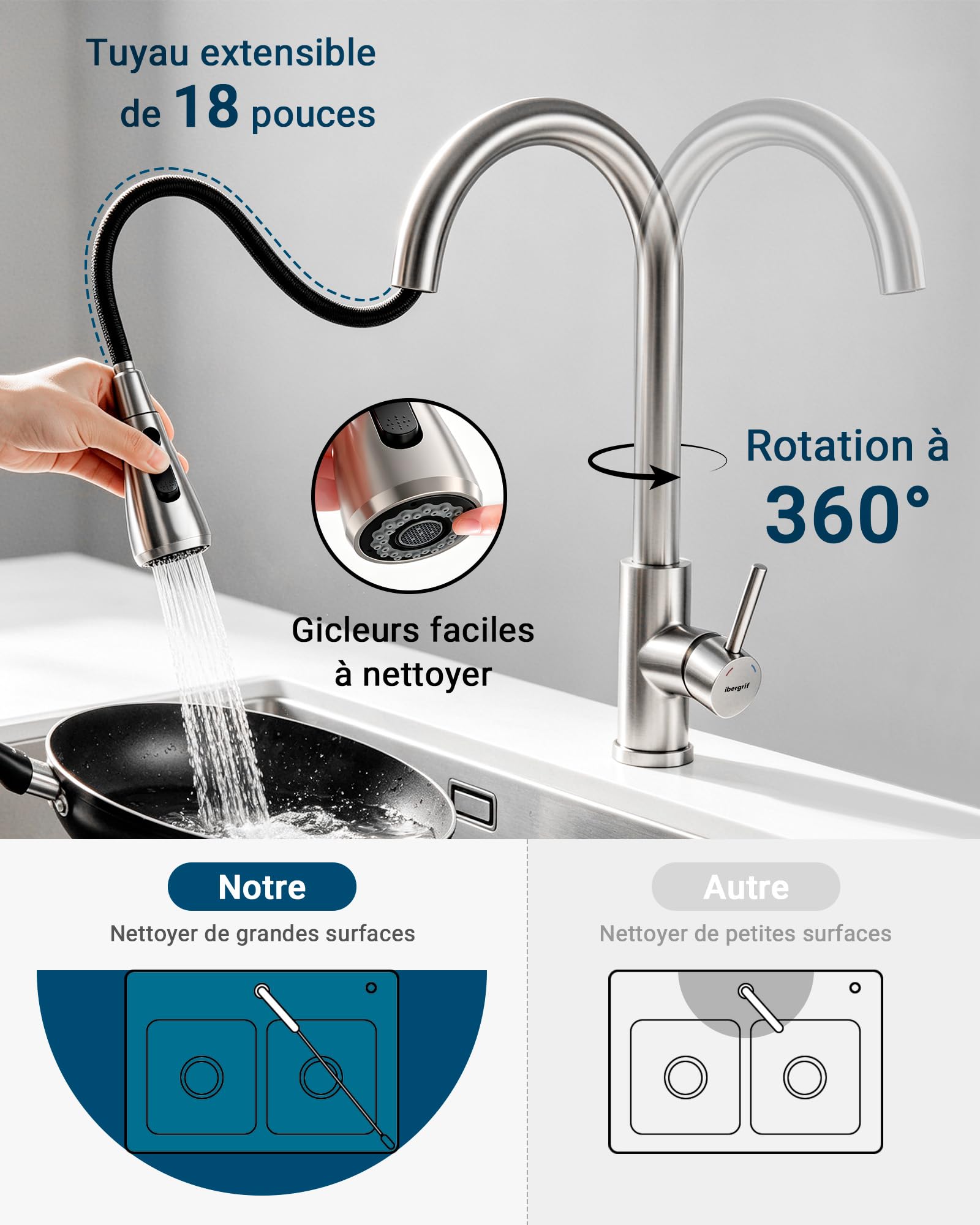 Ibergrif Robinet Cuisine Mitigeur Pivotant 360° Arc Élevé Douchette 3 Modes Pulvérisation Acier Inoxydable