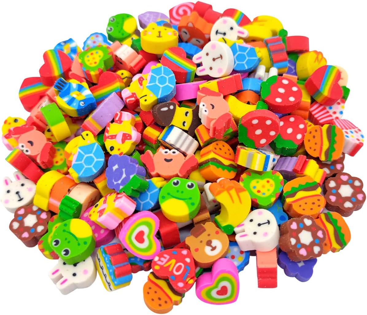 BlingKingdom 150pcs Fun Novelty Mini Erasers Cute Animal Fruit Multipack Non-Toxic Small Pencil Erasers for Students Homework School Classroom Rewards Prizes Party Favors