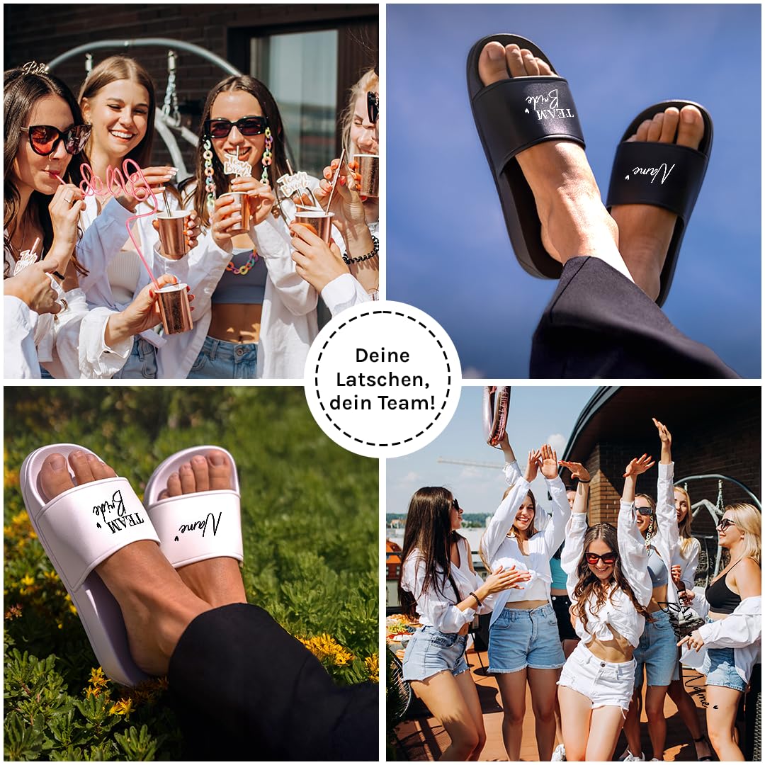 Prozente Momente Team Bride - Personalisierte JGA Badelatschen für Damen – Bequeme Schlappen & Hausschuhe für den Junggesellinnenabschied