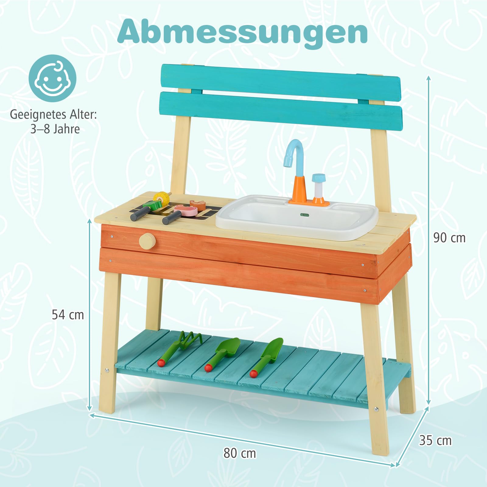 COSTWAY Matschküche Kinder Outdoor, Kinderküche Holz mit Wasserhahn & Grill, inkl. Holzspießen, Lebensmitteln & Gartenzubehör, Outdoorküche für Kinder ab 3 Jahren