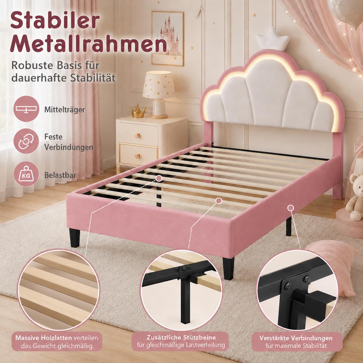 DULRLLY Letto bambini imbottito 90x200 cm, letto singolo con strisce LED regolabili e Testiera a forma di corona, letto Principessa con rete a doghe per bambini ragazze e adolescenti