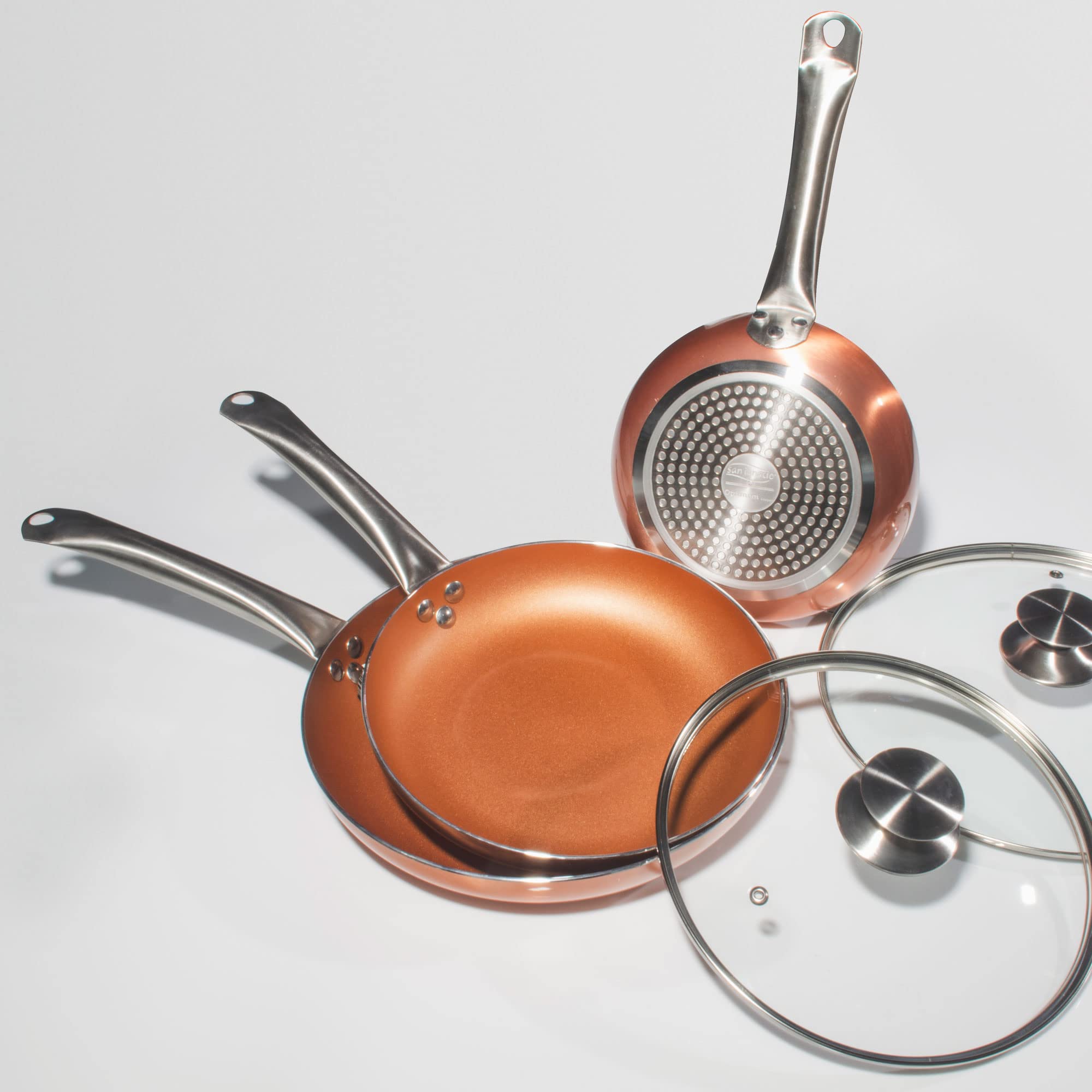 SAN IGNACIO Optimum Copper | Sartenes Antiadherentes | Set de 3 Sartenes de 20/24/28 cms de Diámetro y 2 Tapas | Fabricadas con Aluminio Prensado | Revestimiento Multiclad | Todo Tipo de Cocinas