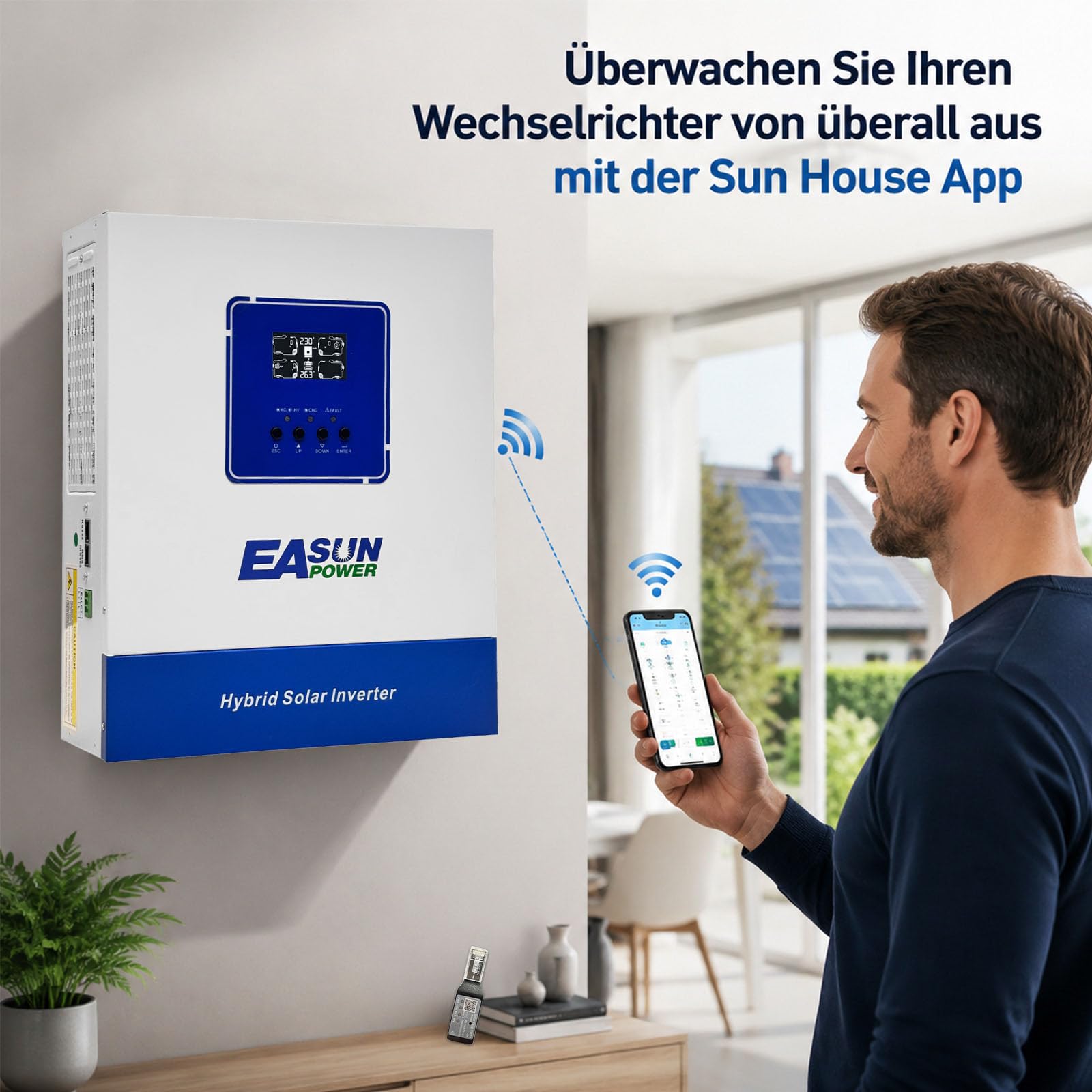 Onduleur hybride 3600 W avec MPPT 120 A, 24 V CC vers 230 V AC, sinusoïdal pur, PV 60-500 V, hors réseau, module Wi-Fi, pour batteries AGM et gel