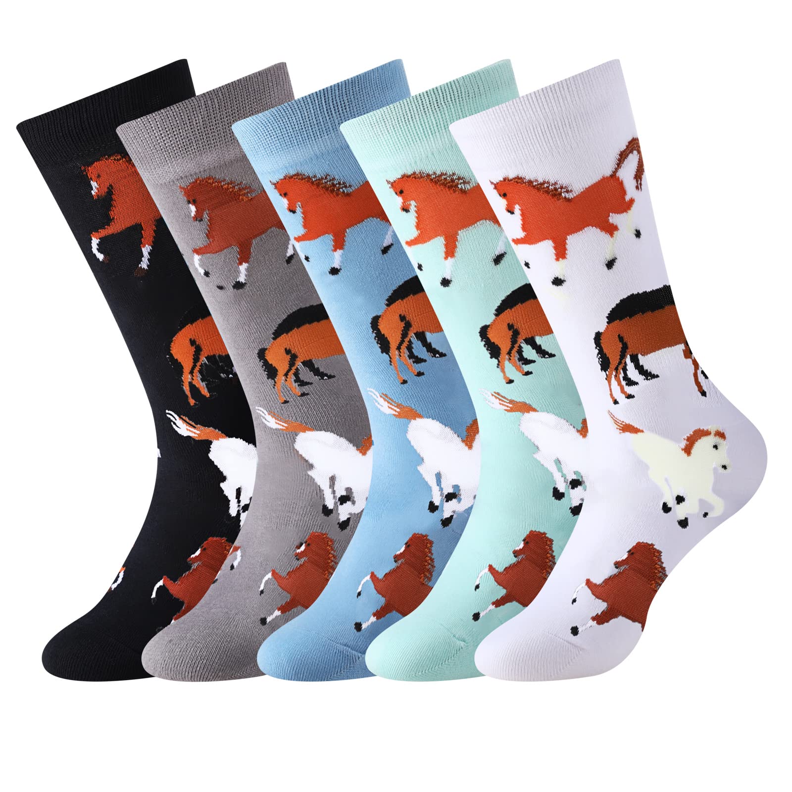 Vicenpal 5 Pairs Women's Funny Horse Socks Novelty Cute Animals Casual Socks Horse Lovers Gifts for Girls, 6-12