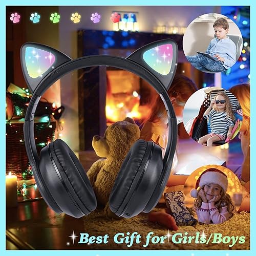 Miniatura 3 de kuyaon Auriculares inalámbricos para niños y niñas, con luz LED, con micrófono para la escuela, viajes, deportes, juegos, regalos, Navidad (negro)
