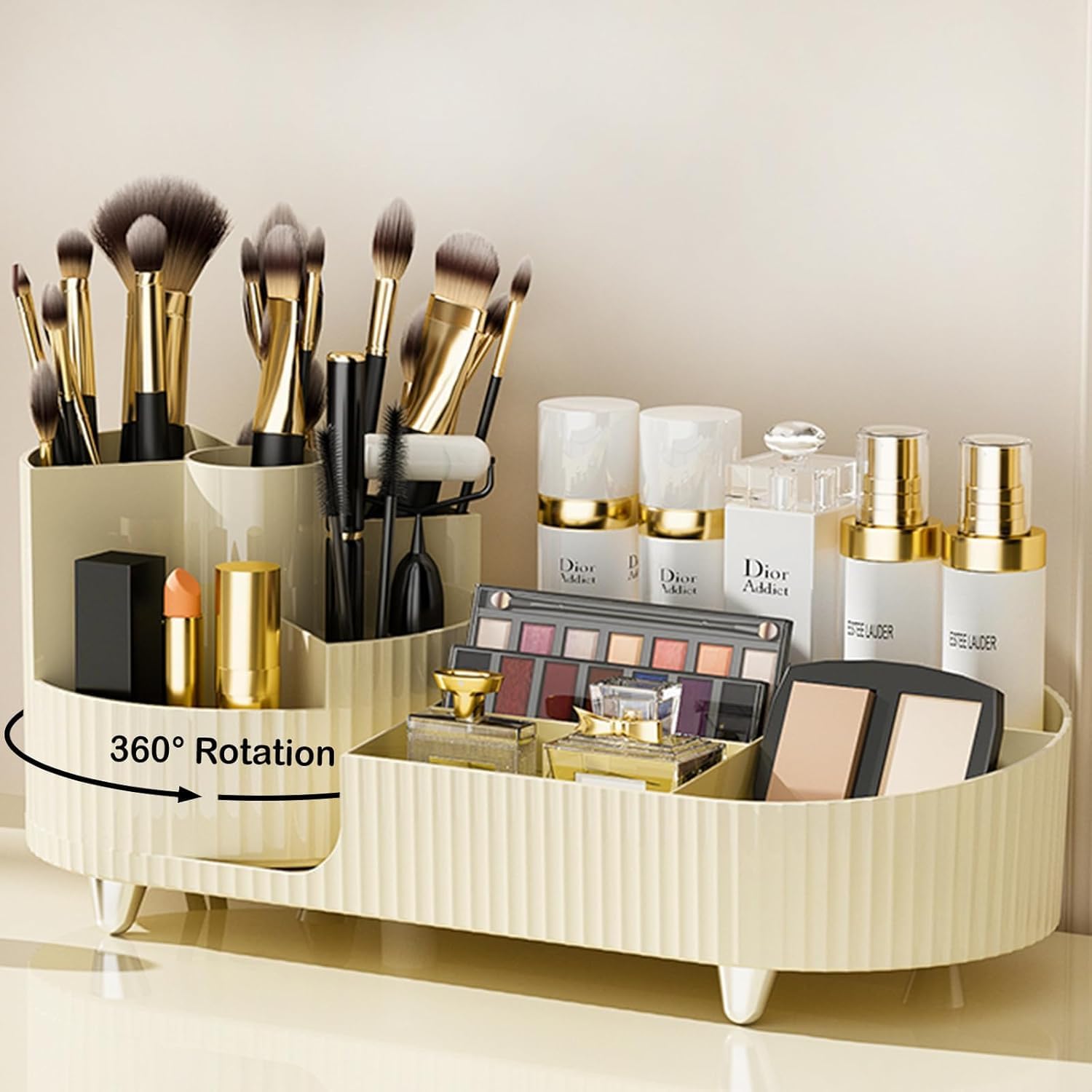360 Rotating Cosmetic Organizer for Nail Polish, Brushes, Lipstick, Jewelry | Makeup Organizer Caddy | Countertop for Bedroom and Bathroom (Ivory)-image-15