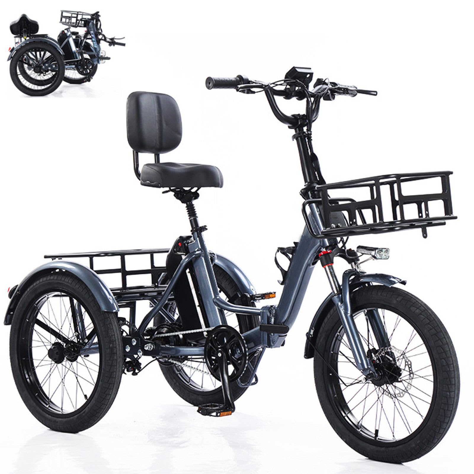 20 Pollici Bici elettrica a 3 Ruote per Adulti Elettrico da Carico con Cestino portaoggetti Pneumatici Larghi per Adulti Pieghevole, Facile da scalare capacità di carico 200 kg