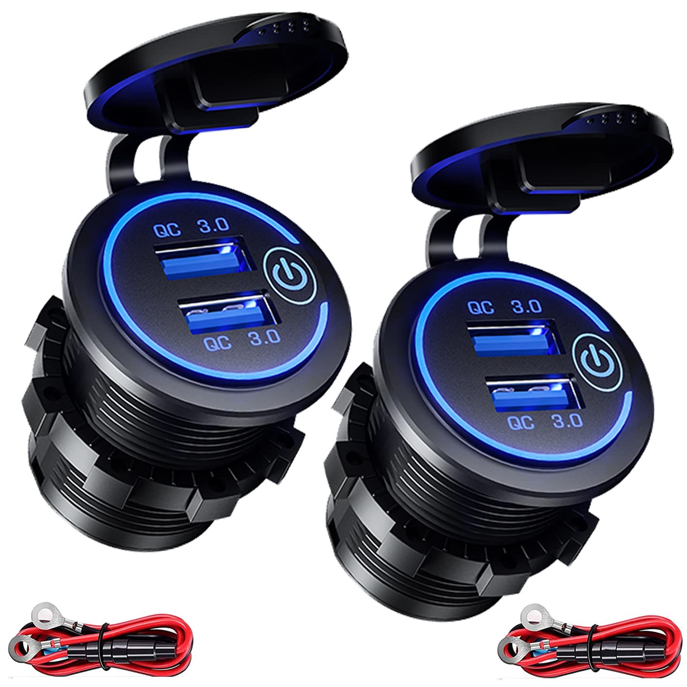 (2 Pezzi) Intckwan Caricabatteria da auto USB a 2 porte, QC 3.0 36W Ricarica rapida con interruttore e Blu LED, impermeabile e antipolvere per 12V~24V Auto Barca Moto SUV Bus Camion Caravan