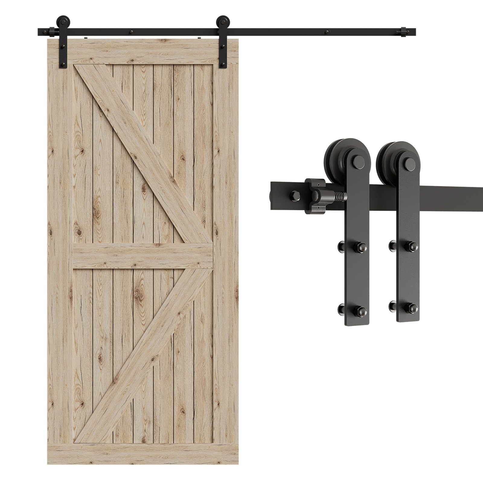 CCJH 16FT Single Sliding Barn Door Hardware Kit Black Carbon Steel Hanger Flat Track System for Closet Kitchen 1 Door 96 inch Wide, Smoothly and Quietly I Shape Roller