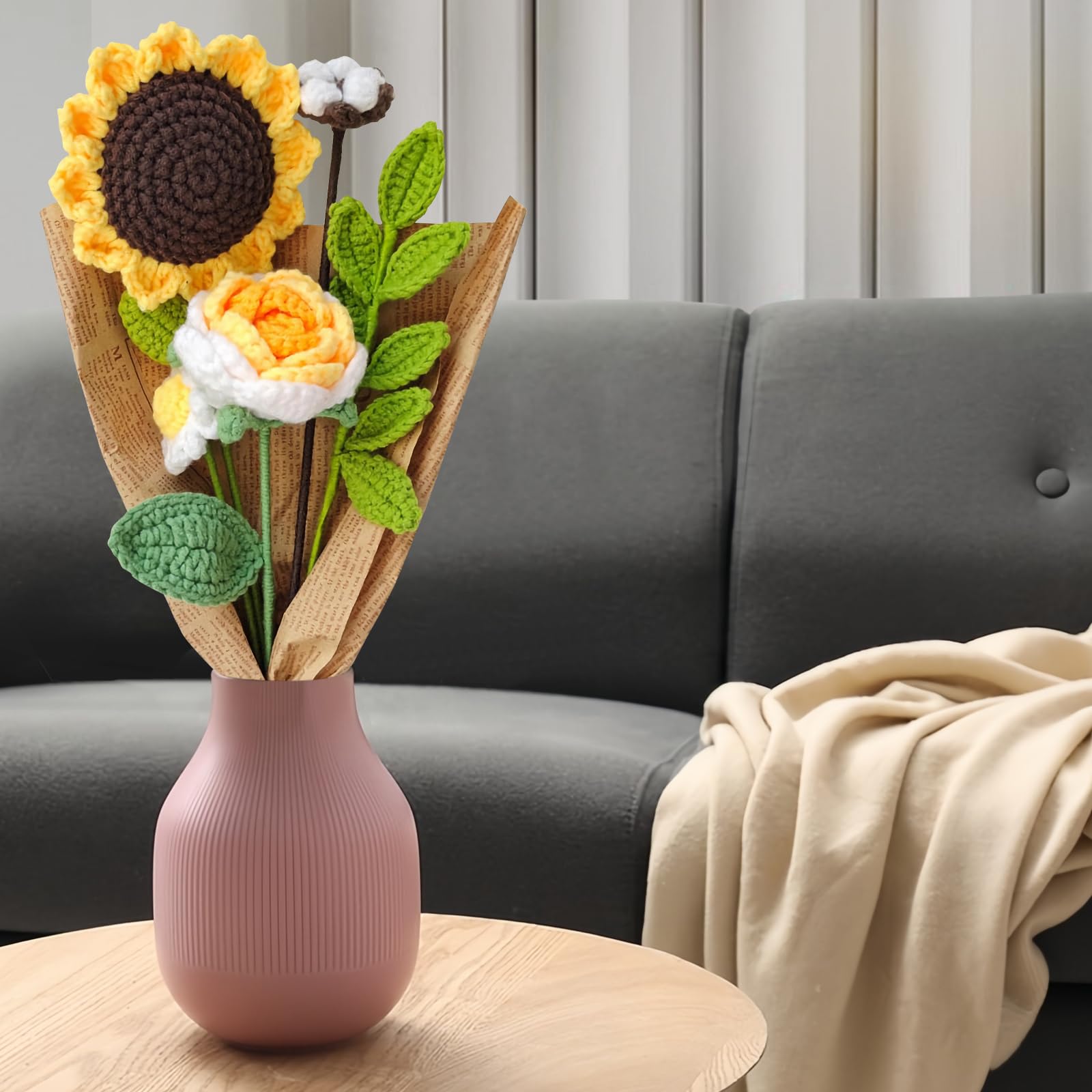 CDOUTSUN Crochet Flowers Bouquet, Knitted Crochet Sunflowers Bouquet Handmade Crocheted Flowers Bouquet DIY Home Decor for Mother's Day Birthday Wedding Gifts