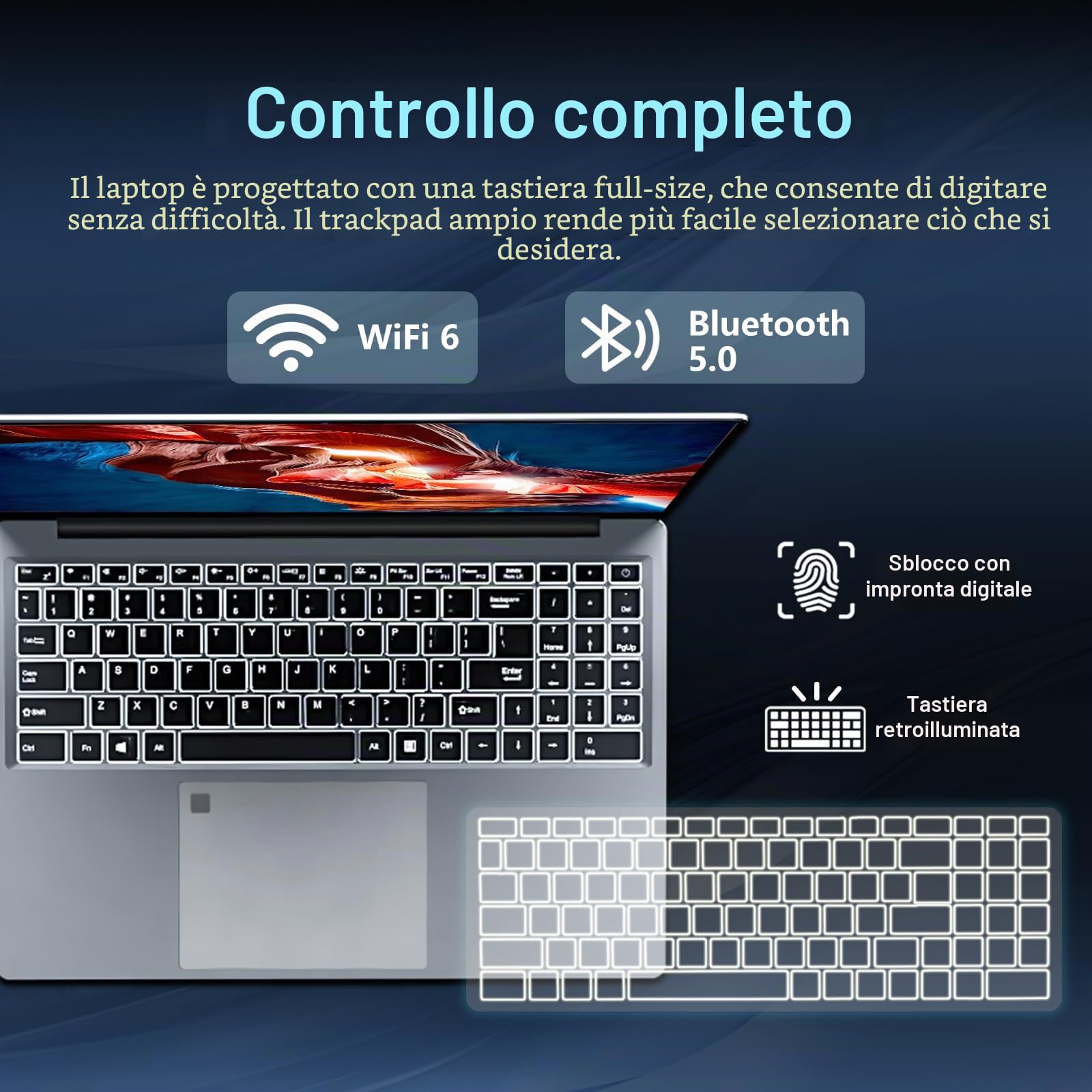Notebook 16 Pollici, Win 11 PC Portatile 16GB RAM 512GB SSD, Celeron N100 CPU, Laptop 1080P Schermo, Tastiera Retroilluminata+Sblocco Impronta Digitale, 6000mAh Battery, BT5.0/BT 5.0/Webcam/Mini-HDMI